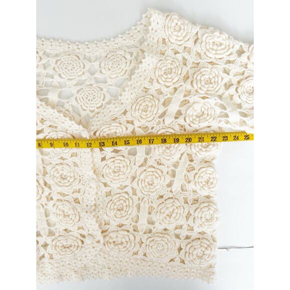 3D Floral Crochet Cardigan Women M Cream White Wool Cashmere Open Knit Relaxed - Picture 3 of 7